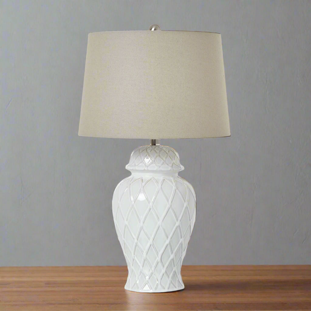 White Ceramic Ginger Jar Lamp With Linen Shade WHITE CERAMIC Shades 4 Seasons