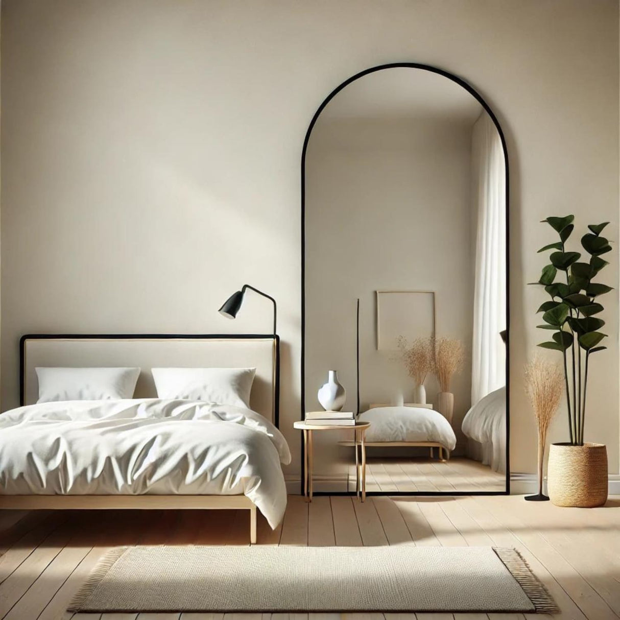 Jobu Home Arched Mirror in a stylish bedroom setting with minimalist decor and soft lighting