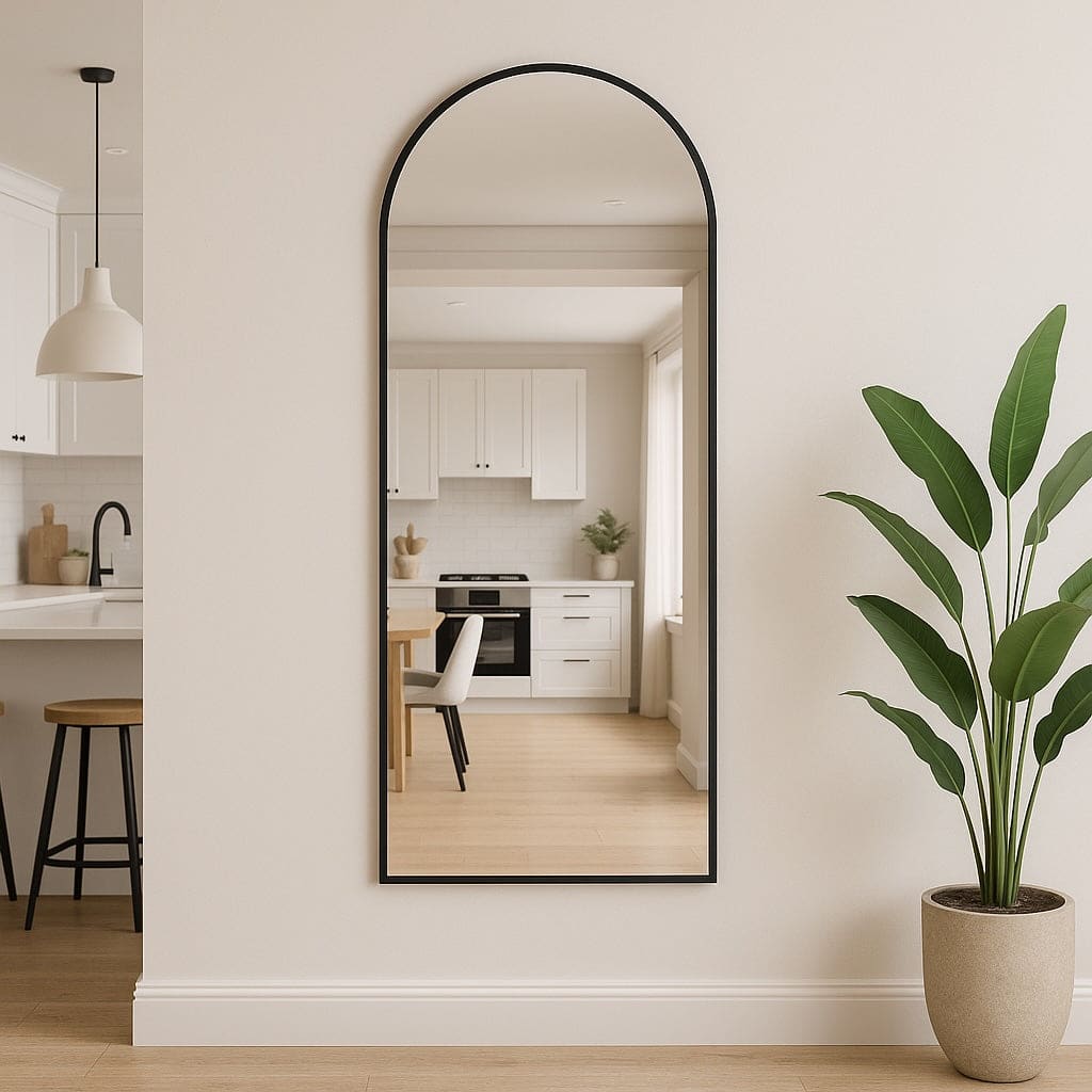 Arched Mirror by Jobu Home in a modern kitchen setting with a neutral colour palette