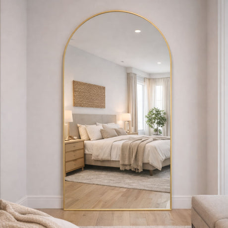 Jobu Home Arched Mirror with Gold Frame, ideal for enhancing bedroom decor and light reflection