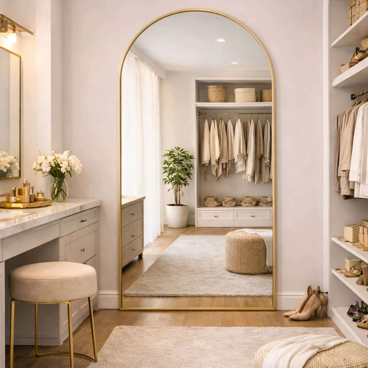 Elegant arched mirror from Jobu Home, enhancing a stylish dressing area with natural light