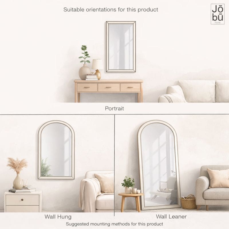 Jobu Home Arched Mirror displayed in portrait and wall-leaning orientations in a stylish interior