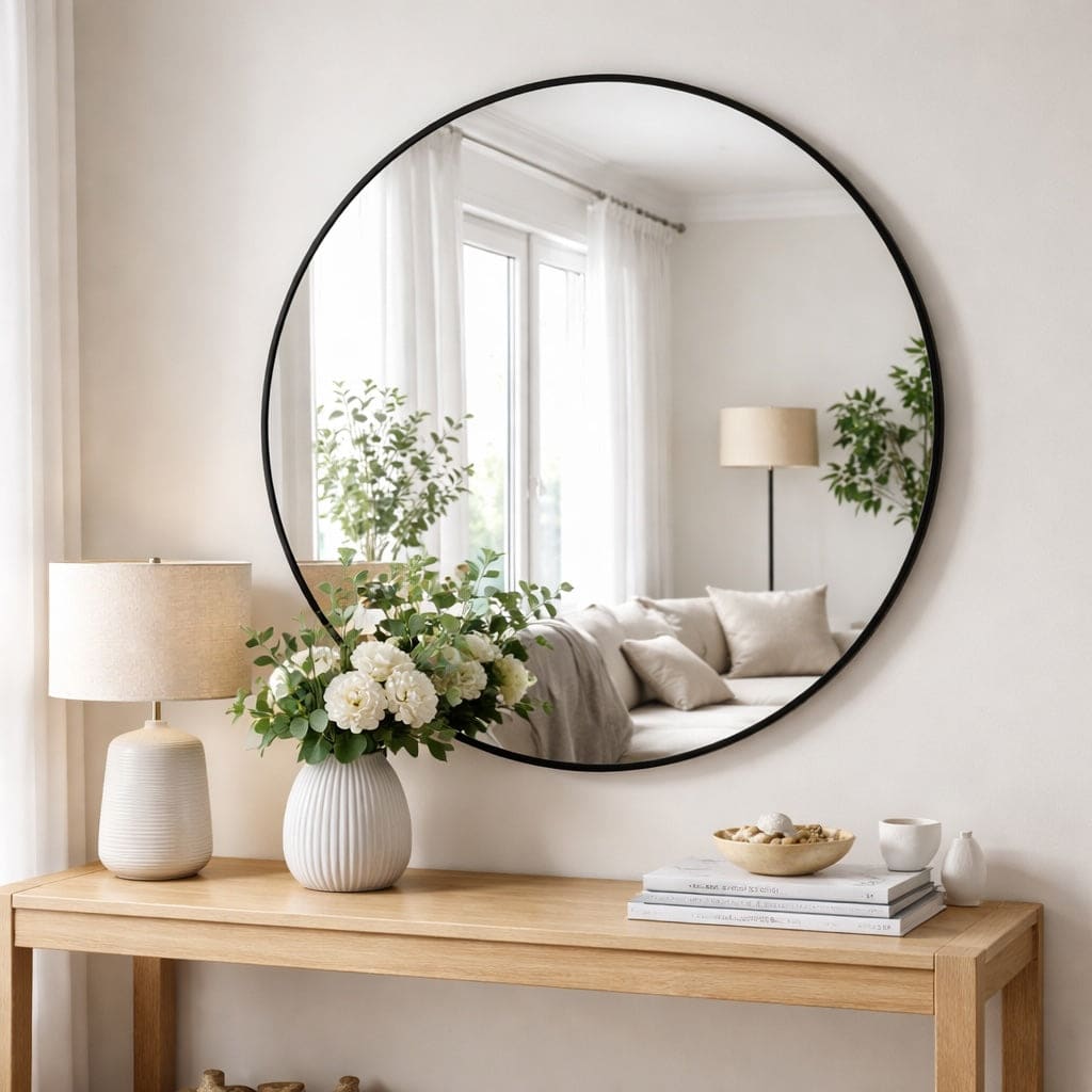 Jobu Home Circle Mirror with a sleek black frame displayed above a wooden console table