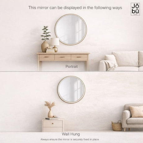 Jobu Home Circle Mirror displayed in portrait and wall hung configurations, showcasing stylish versatility
