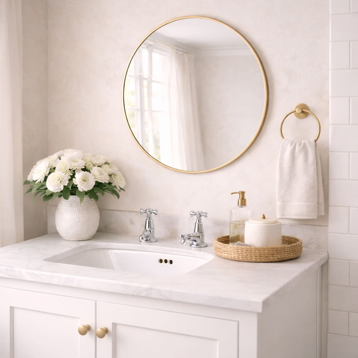 Elegant Circle Mirror with a Gold Frame, Perfect for Enhancing Bathroom Decor
