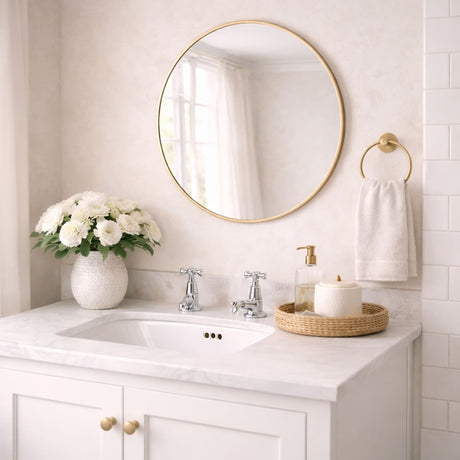 Elegant Circle Mirror with a Gold Frame, Perfect for Enhancing Bathroom Decor