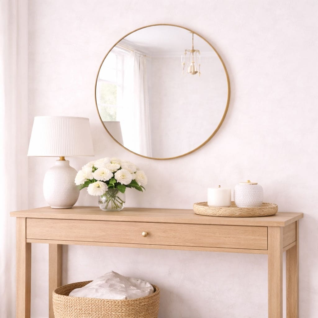 Elegant Circle Mirror with a gold frame above a wooden console table decorated with flowers and candles