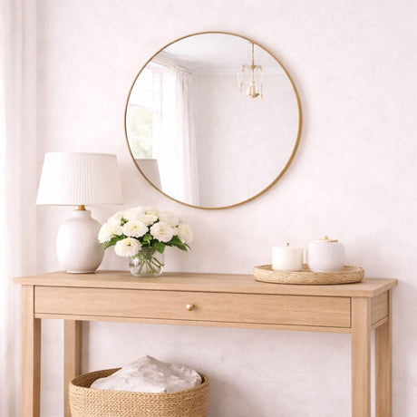 Elegant Circle Mirror with a gold frame above a wooden console table decorated with flowers and candles