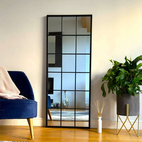 Jobu Home Grid Mirror with a sleek black frame, perfect for modern living spaces