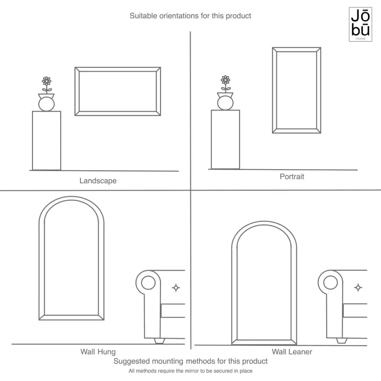 Jobu Home Grid Mirror showing various orientations for wall hung and leaner display options