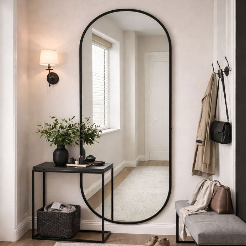 Elegant Jobu Home Oval Mirror in a stylish black frame for modern home decor