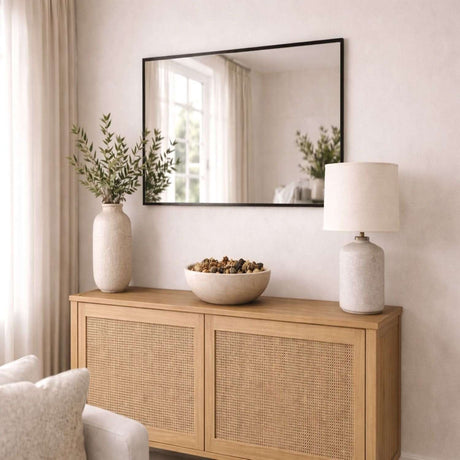 Jobu Home Rectangle Mirror with a sleek black frame in a stylish living room setting