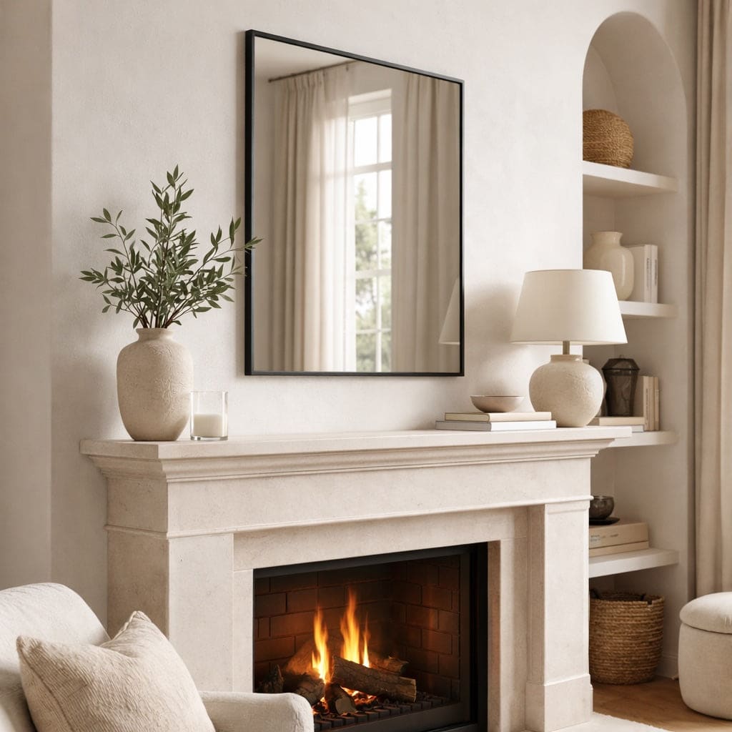 Rectangle Mirror by Jobu Home above a chic fireplace in a stylish living room