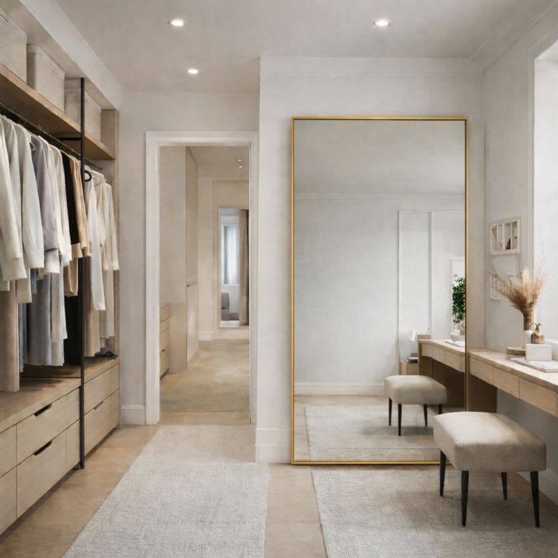 Elegant Rectangle Mirror with a gold frame, enhancing the modern decor of a stylish dressing room