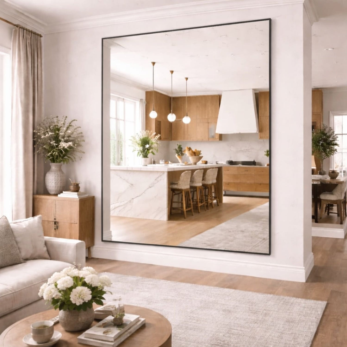 Elegant Rectangle Mirror in a modern living room, reflecting a stylish kitchen with wooden cabinetry