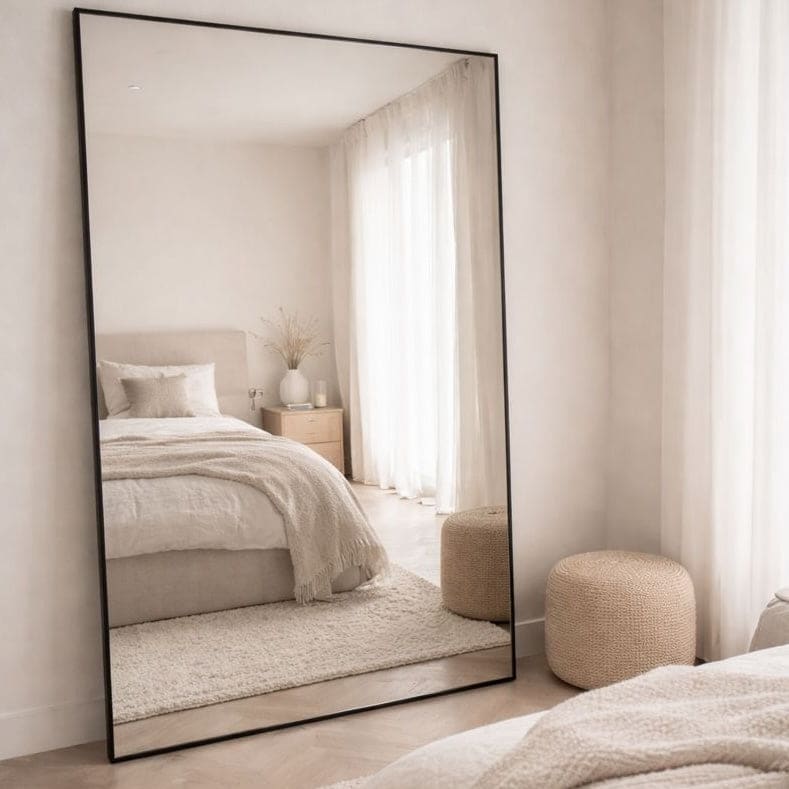 Stylish Rectangle Mirror with a black frame, perfect for enhancing bedroom decor