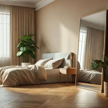 Spacious bedroom featuring a stylish Rectangle Mirror beside a neatly made bed and indoor plant