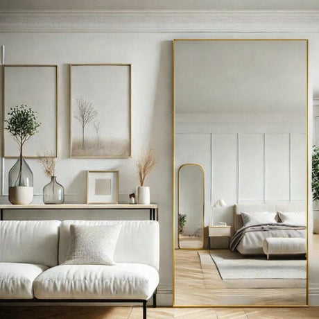 Stylish Rectangle Mirror with a Gold Frame, enhancing a modern living room decor