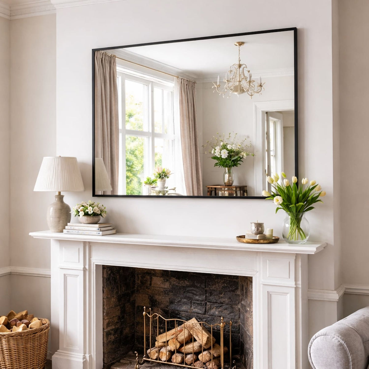 Stylish rectangular mirror in a modern living room with elegant decor and natural lighting