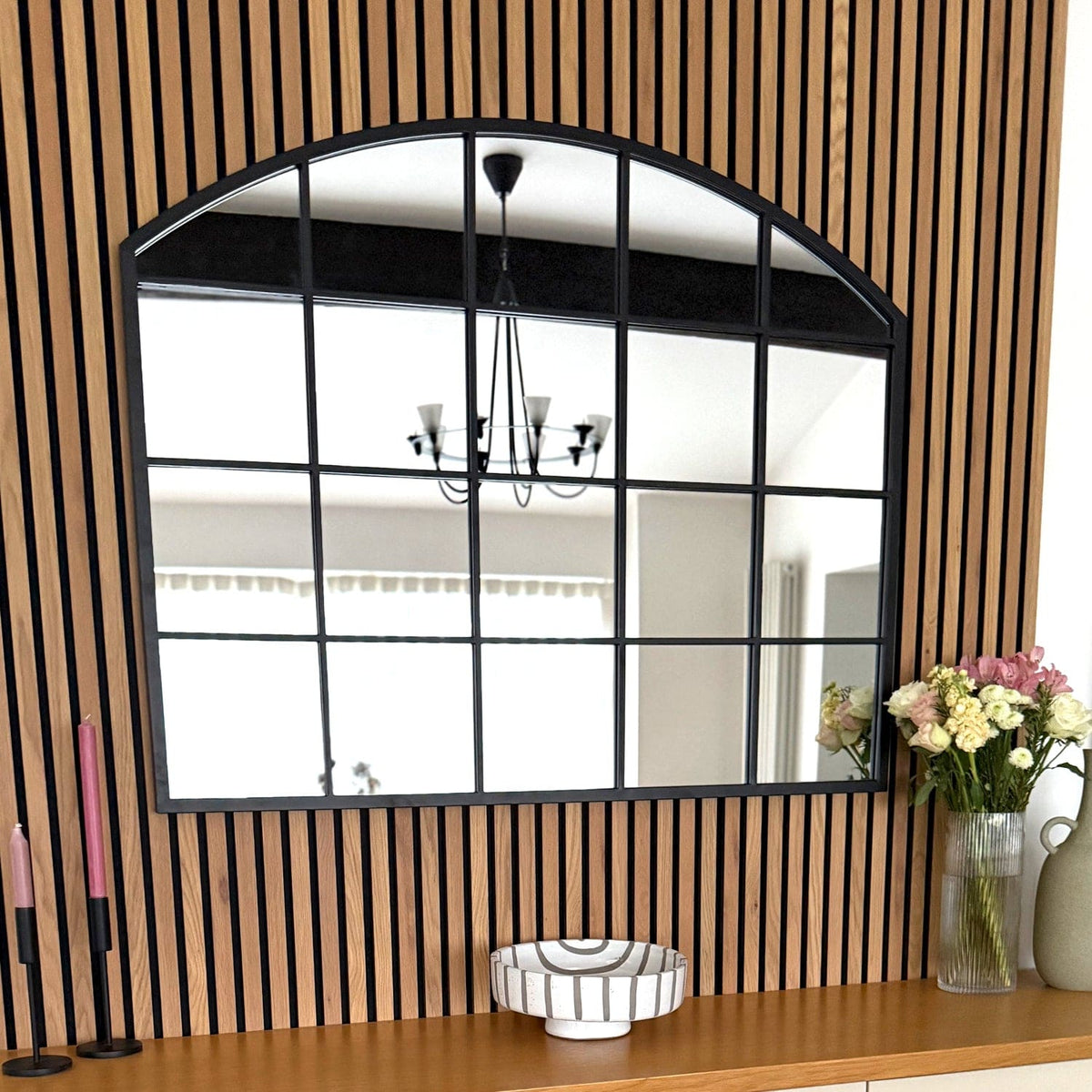 Jobu Home Window Mirror with an arched top and grid design, ideal for enhancing interior decor
