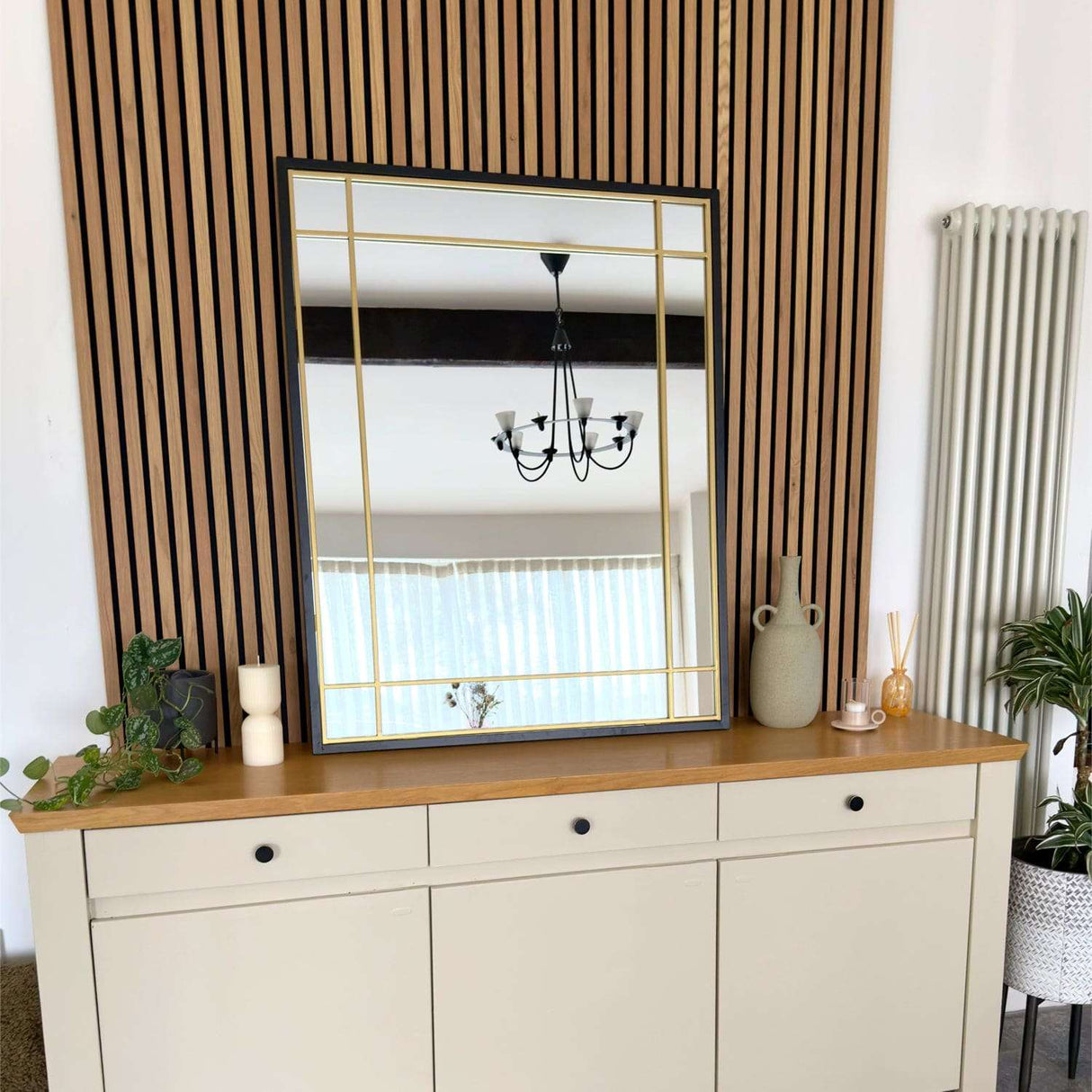 Jobu Home Window Mirror with Gold Detailing Above a Stylish Sideboard in a Modern Setting