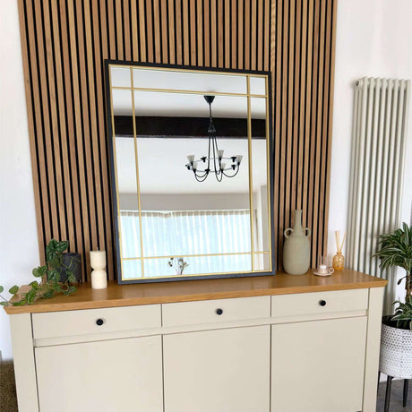Jobu Home Window Mirror with Gold Detailing Above a Stylish Sideboard in a Modern Setting