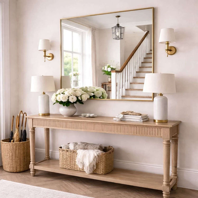 Elegant Rectangle Mirror with a gold frame above a wooden console table in a stylish hallway