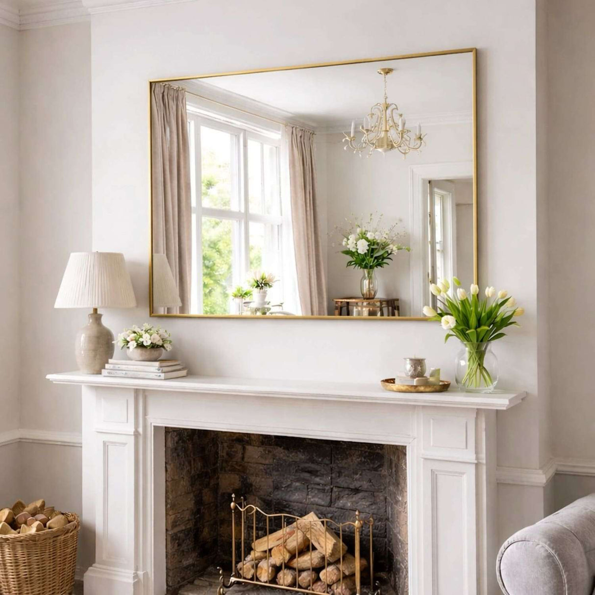 Jobu Home Rectangle Mirror with a sleek gold frame above a stylish fireplace