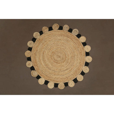 Round Orsina Jute Rug with Decorative Black and Natural Tassels for Stylish Home Decor