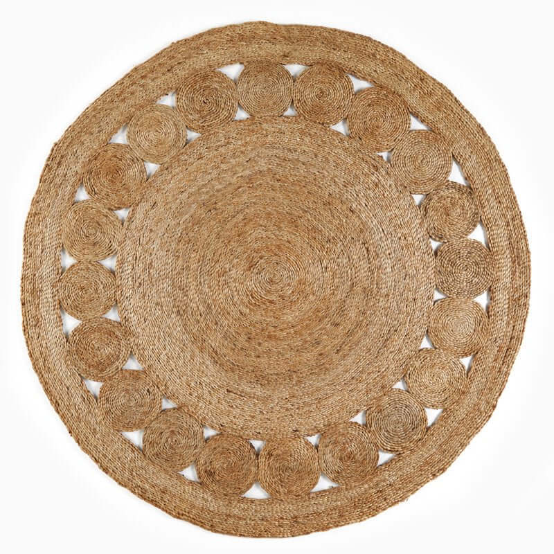 Natural Jute Rug in round shape with a decorative pattern for stylish home decor