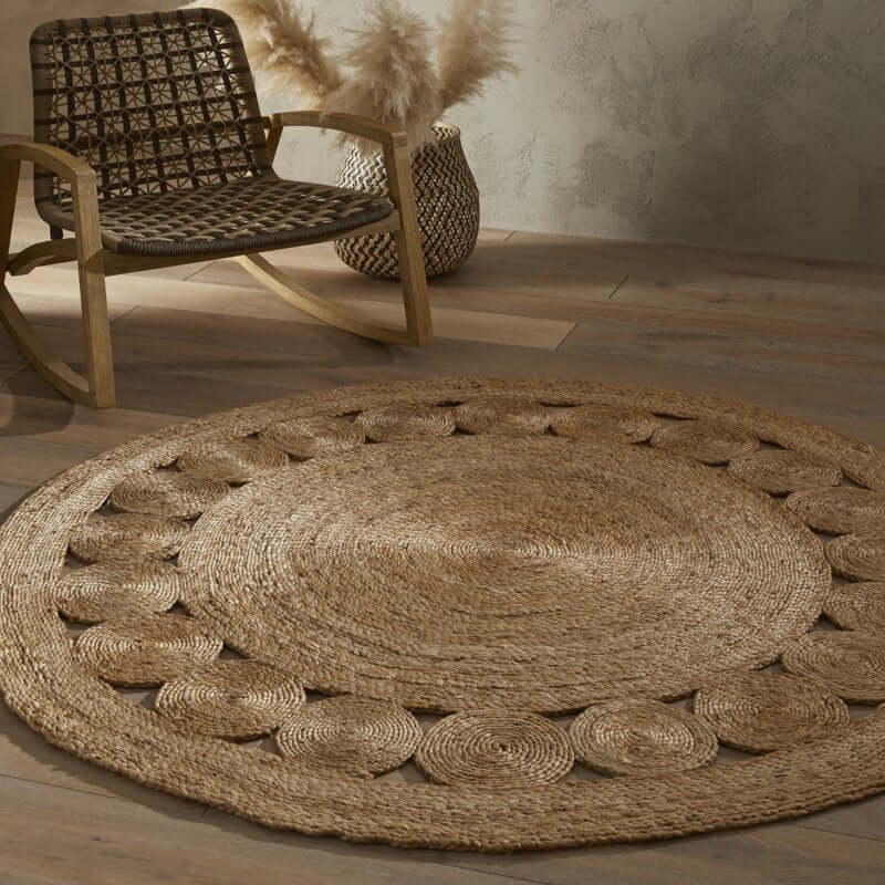 Natural Jute Rug with Decorative Circular Pattern, Perfect for Bohemian Home Decor