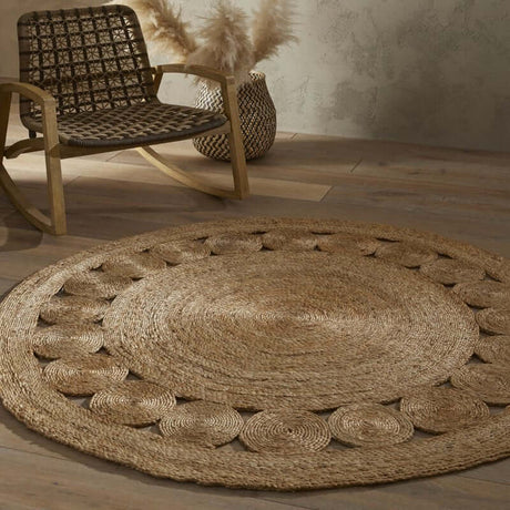 Natural Jute Rug with Decorative Circular Pattern, Perfect for Bohemian Home Decor