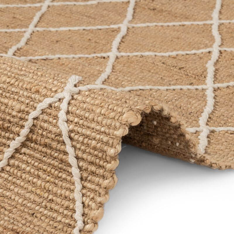Natural Jute Rug with White Geometric Pattern and Soft Texture for Eco-Friendly Decor