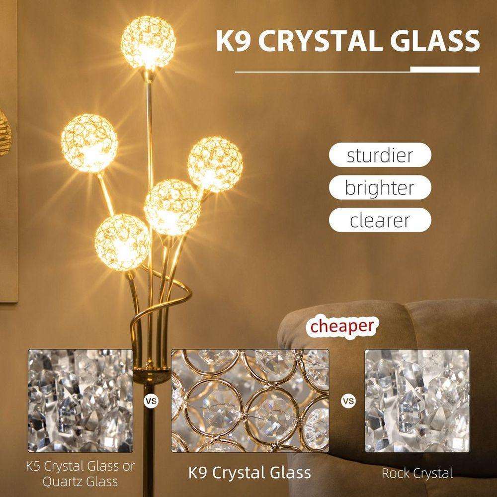 K9 Crystal Floor Lamp for Living Room, 5 Light Upright Standing Lamp, Gold HOMCOM