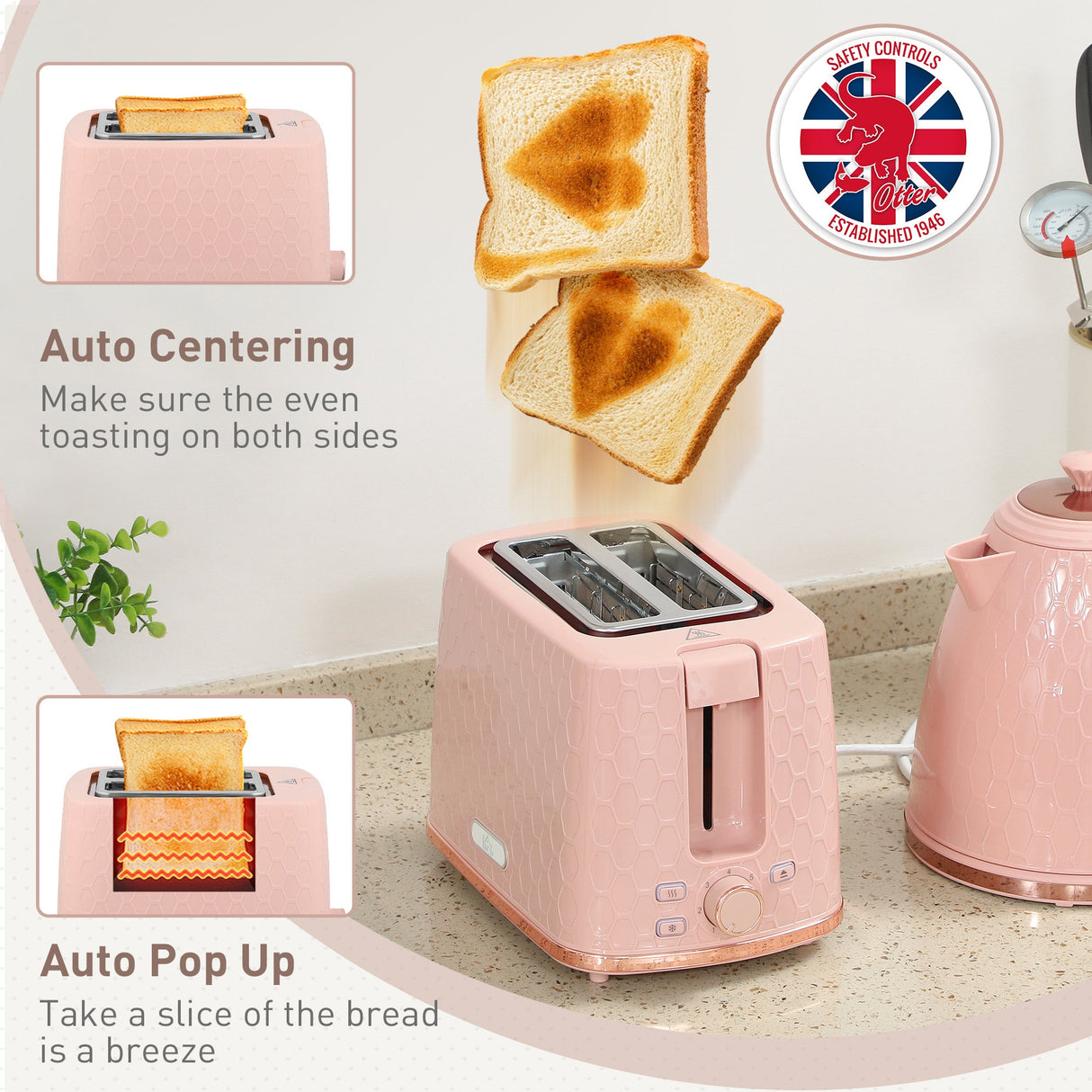 Wise Galleria Kettle and 2 Slice Toaster Set in Pink with Auto Pop Up and Auto Centering Features