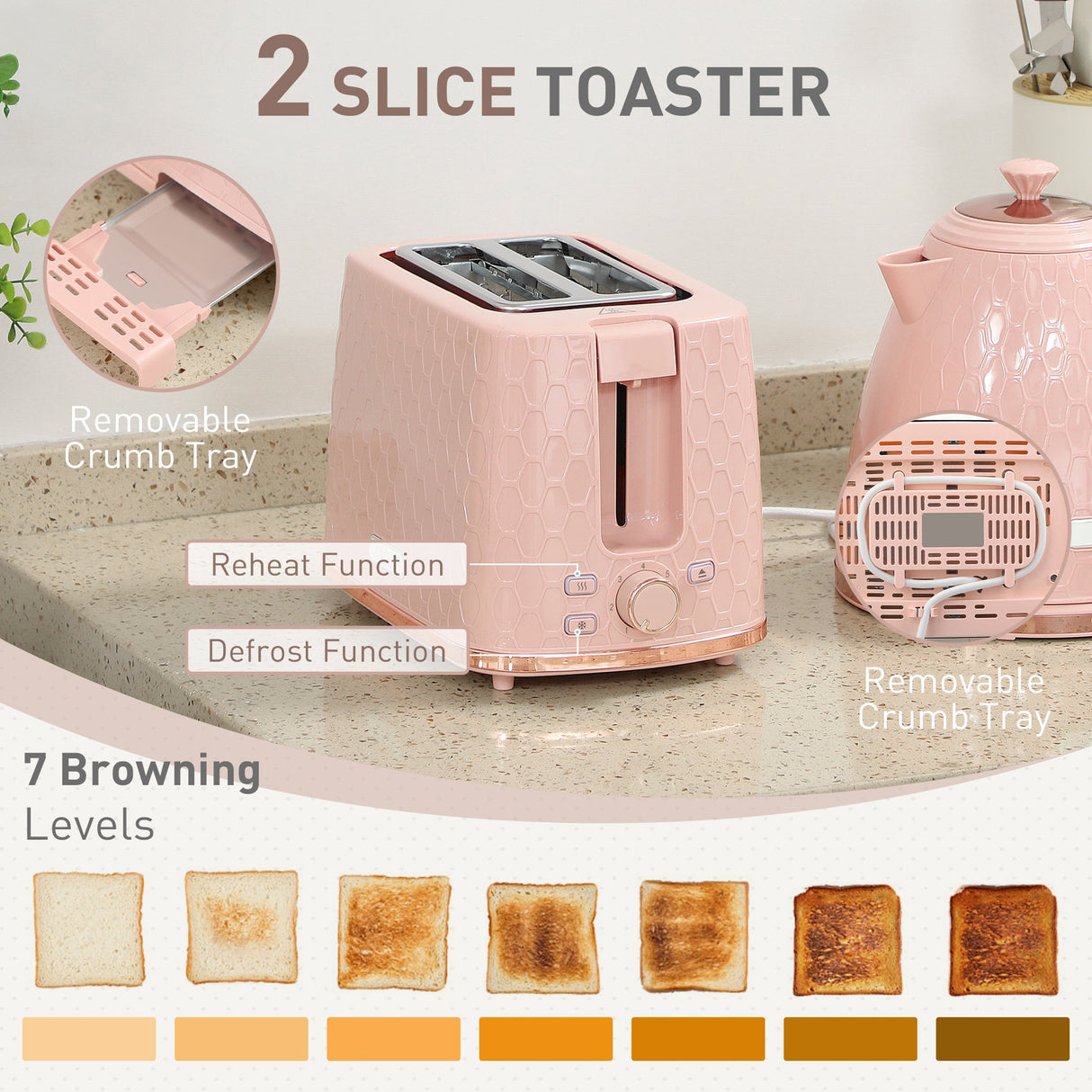 Wise Galleria Kettle and 2 Slice Toaster Set in Pink with Removable Crumb Tray and 7 Browning Levels