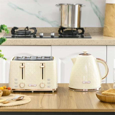 Stylish Cream Kettle and Toaster Set with Rose Gold Accents N/A