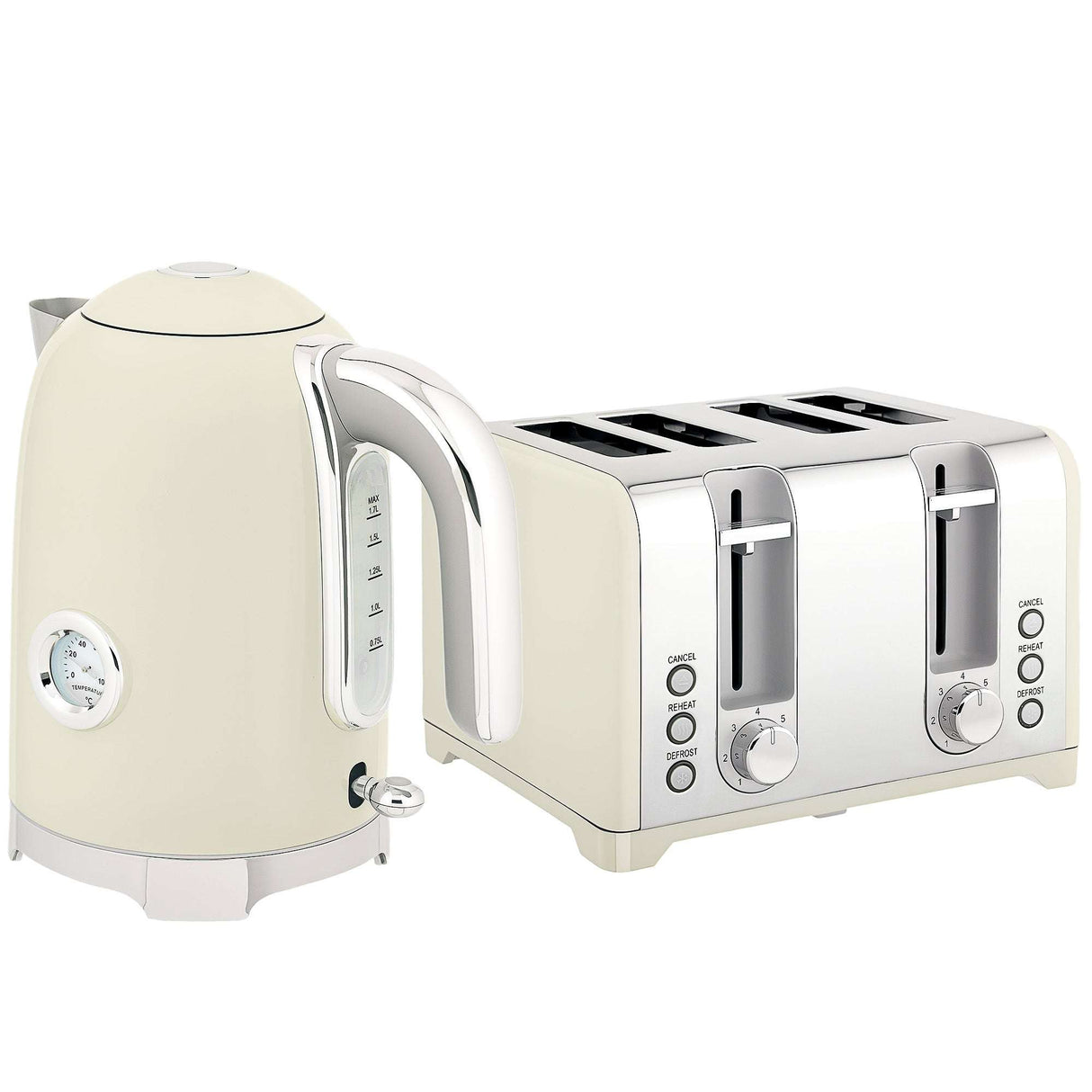 Wise Galleria Kettle and Toaster Set in Cream with Stylish Design and Chrome Accents
