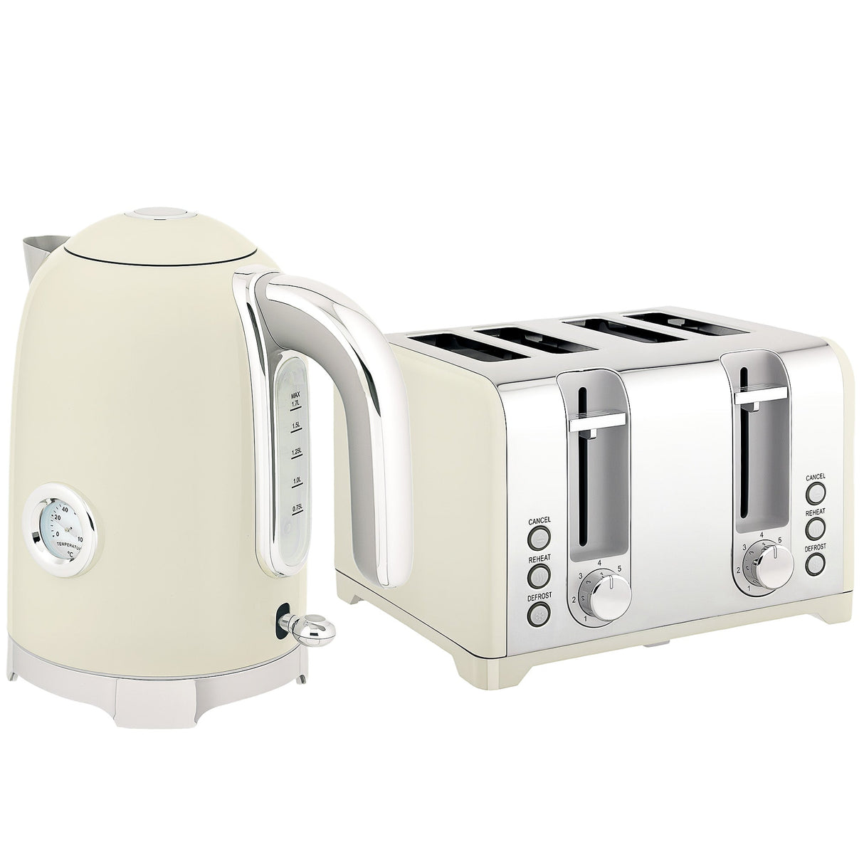 Wise Galleria Kettle and Toaster Set in Cream with Stylish Design and Chrome Accents