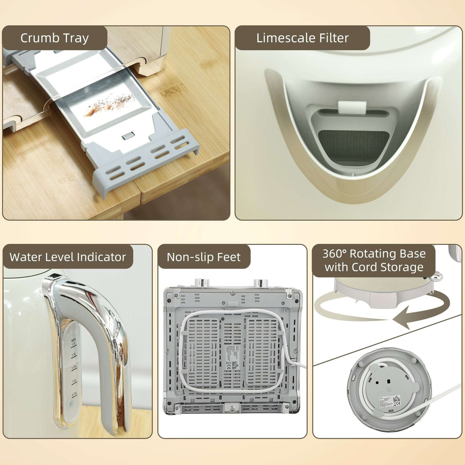 Kettle and Toaster Set features including crumb tray and limescale filter for easy maintenance and functionality