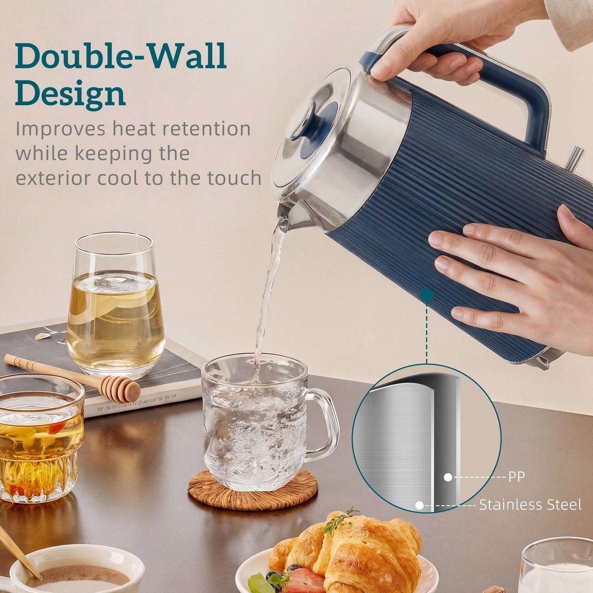 Wise Galleria Kettle and Toaster Set with double-wall design for efficient heat retention and cool exterior
