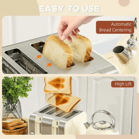 HOMCOM 1.7L 3000W Fast Boil Electric Kettle and Toaster Set, Cream HOMCOM