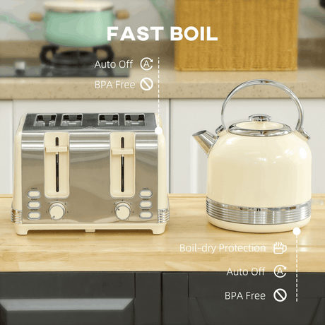 HOMCOM 1.7L 3000W Fast Boil Electric Kettle and Toaster Set, Cream HOMCOM