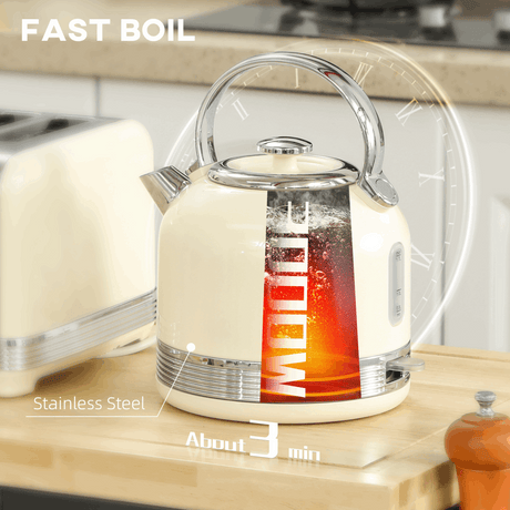 HOMCOM 1.7L 3000W Fast Boil Electric Kettle and Toaster Set, Cream HOMCOM