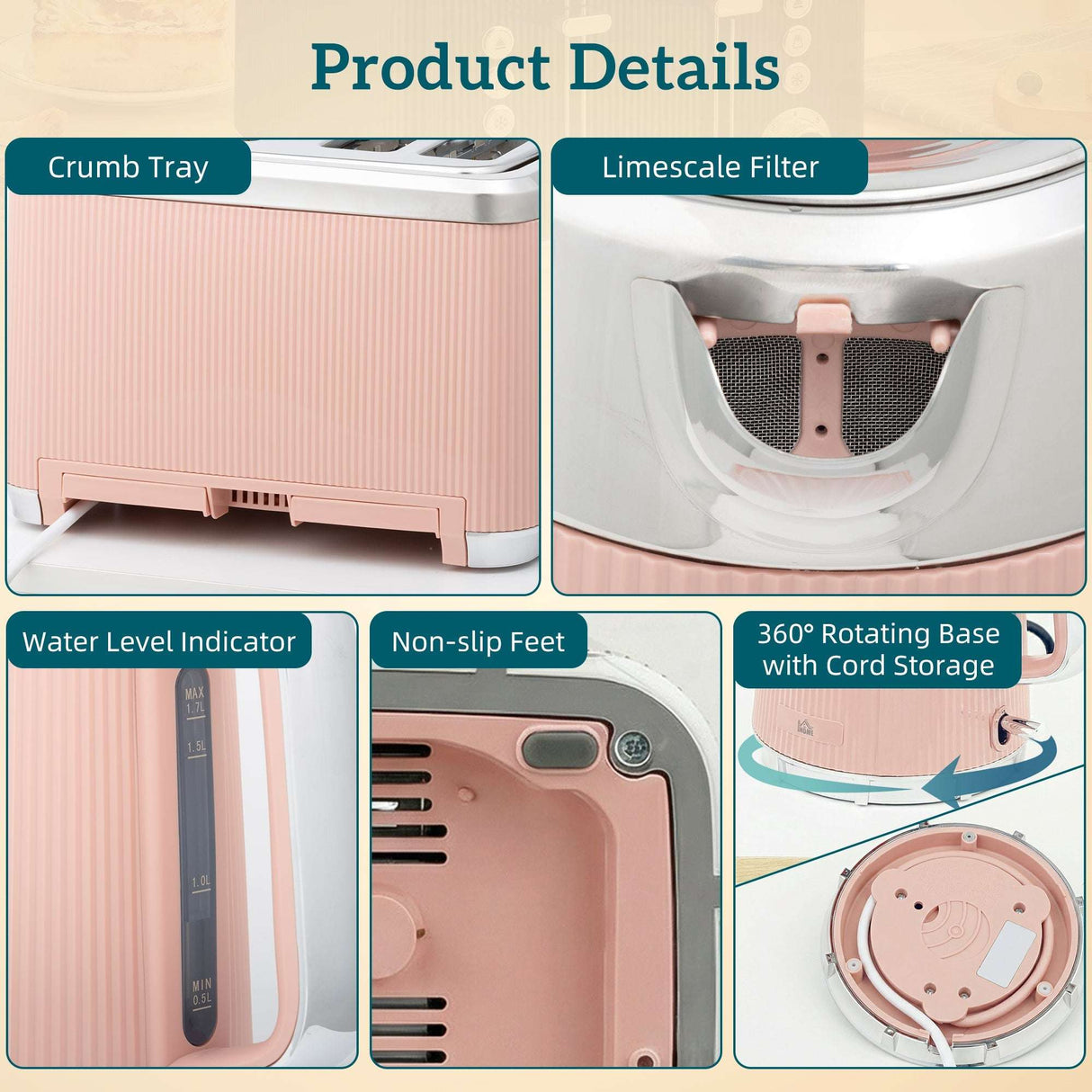 Wise Galleria Kettle and Toaster Set featuring a crumb tray and water level indicator