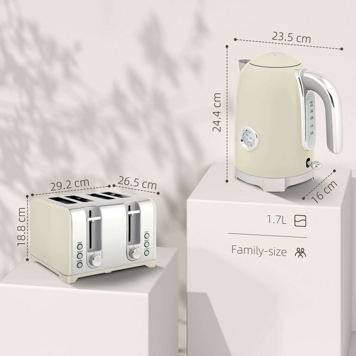 Wise Galleria Kettle and Toaster Set in cream colour showing dimensions for family-size use