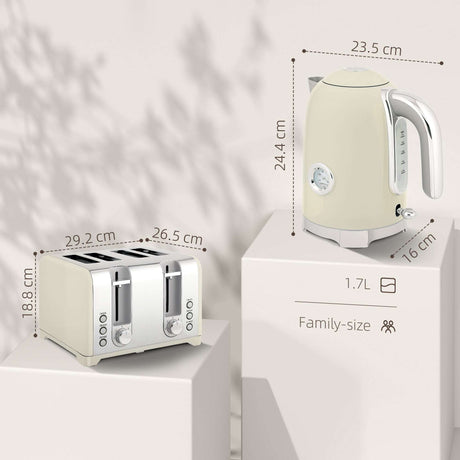 Wise Galleria Kettle and Toaster Set in cream colour showing dimensions for family-size use