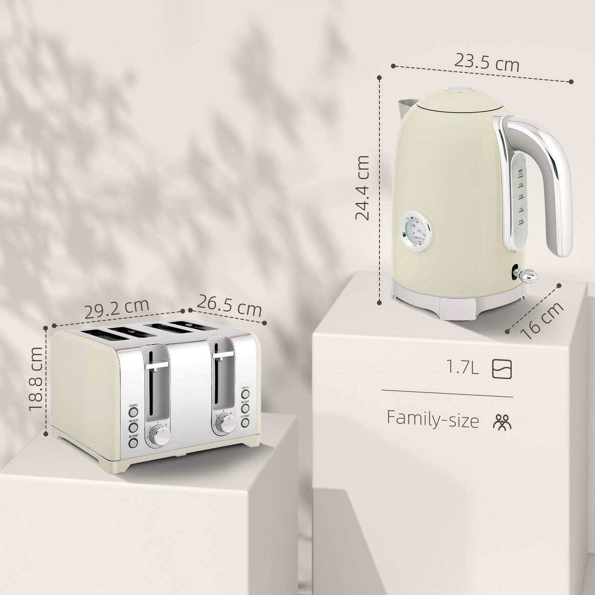 Wise Galleria Kettle and Toaster Set in cream colour showing dimensions for family-size use