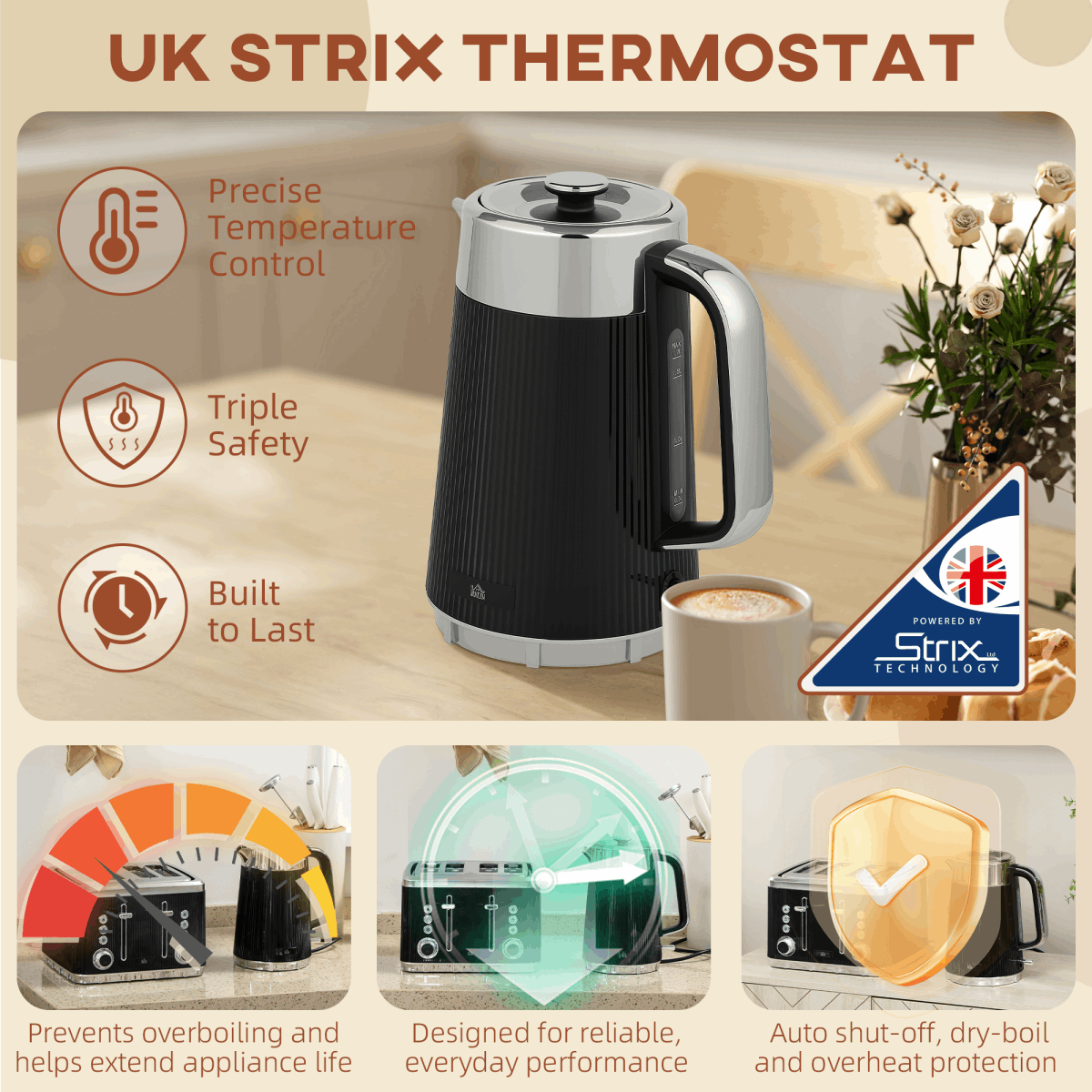 HOMCOM 1.7L 3000W Rapid Boil Kettle and Toaster Set Crumb Tray Black HOMCOM