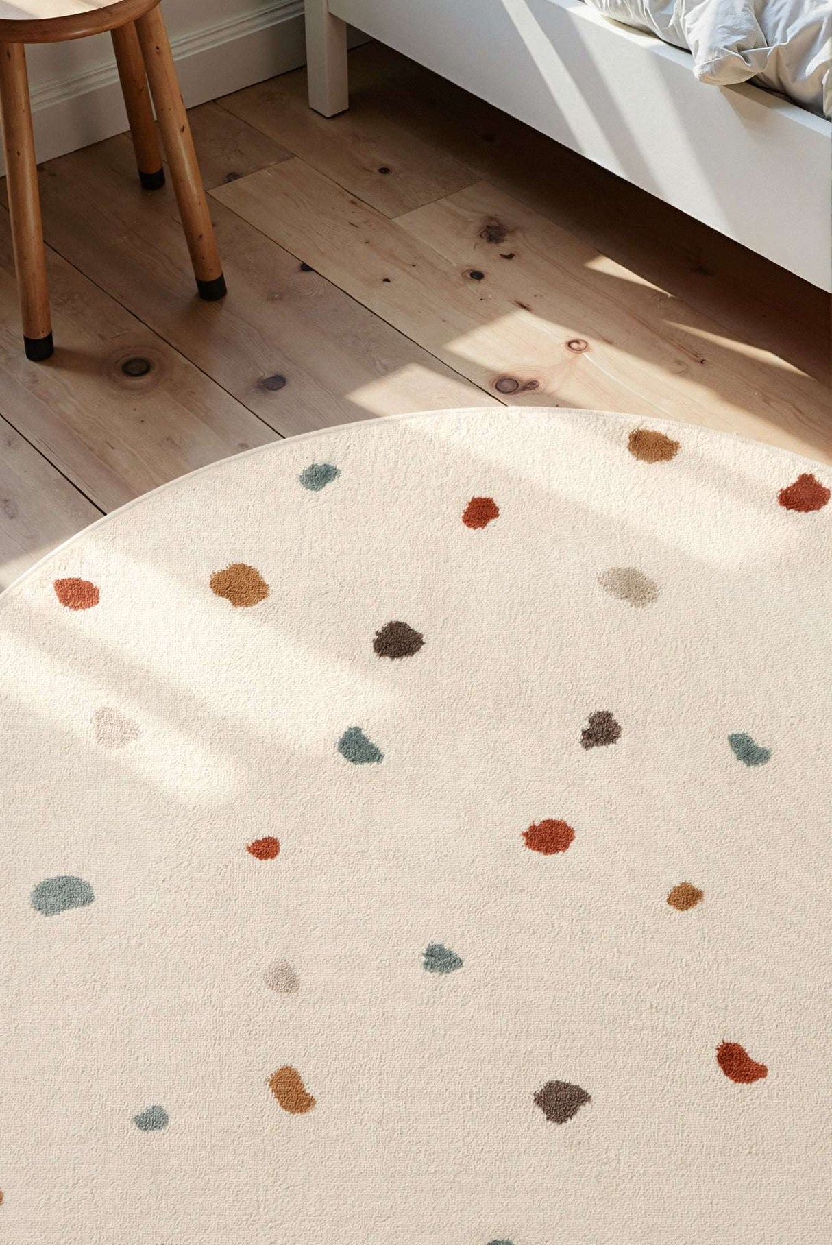 Round Kids Rug with Colourful Dots on a Soft Cream Background for Playful Children’s Rooms